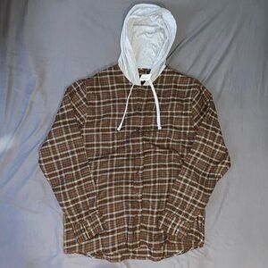 RSQ Brown Plaid Button-Up Shirt with Grey Hood